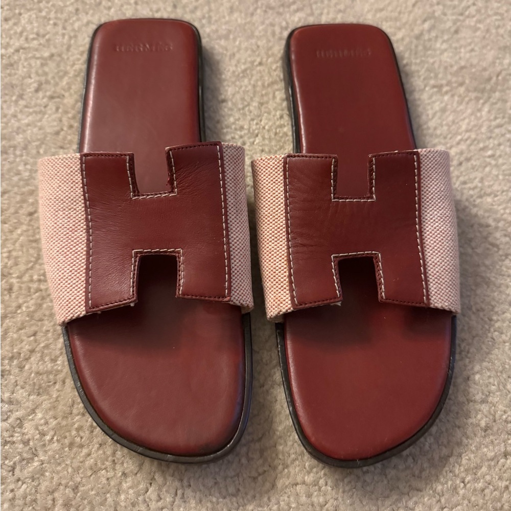 Hermes burgundy leather and canvas slides